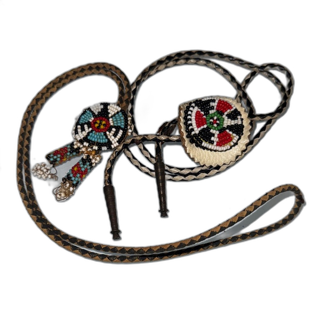 Beaded‎ Native Style Bolo Tie with Turquoise, Red & Black Accents vintage